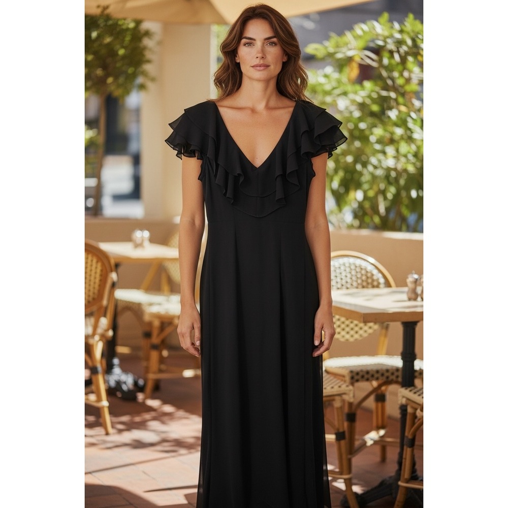 Ultra Dress‎ New York Womens Sheath Midi Dress Black Ruffle V Neck Cocktail